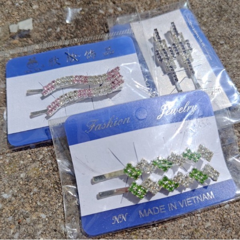 3 Set of Hair Pins - Bling Green & Pink & Lavender